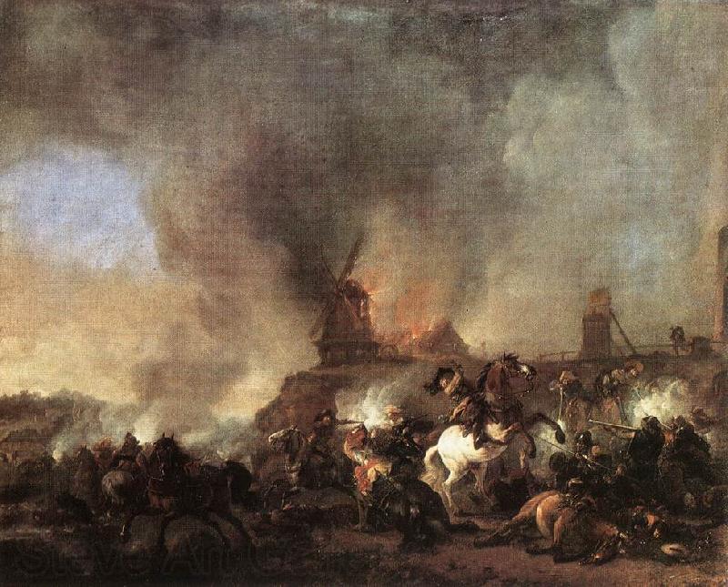 WOUWERMAN, Philips Cavalry Battle in front of a Burning Mill tfur Norge oil painting art